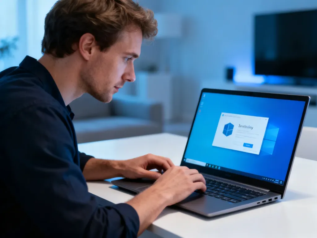 Mężczyzna przy laptopie w nowoczesnym biurze podczas instalacji systemu Windows 11.