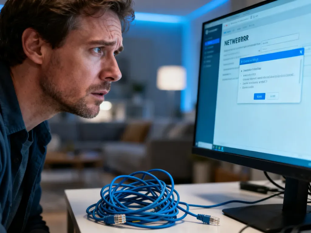Zirytowany mężczyzna przed monitorem z błędem sieciowym i splątany kabel Ethernet na biurku.