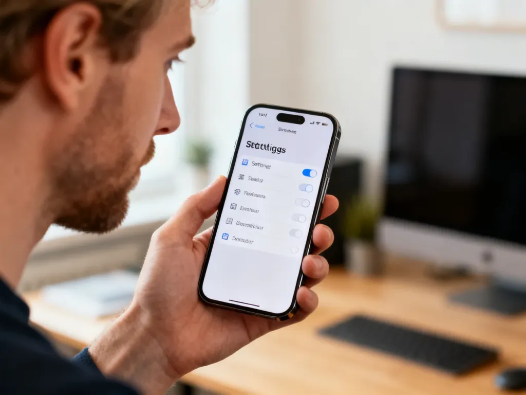 Mężczyzna trzymający nowoczesny smartfon z otwartym menu ustawień w minimalistycznym biurze.