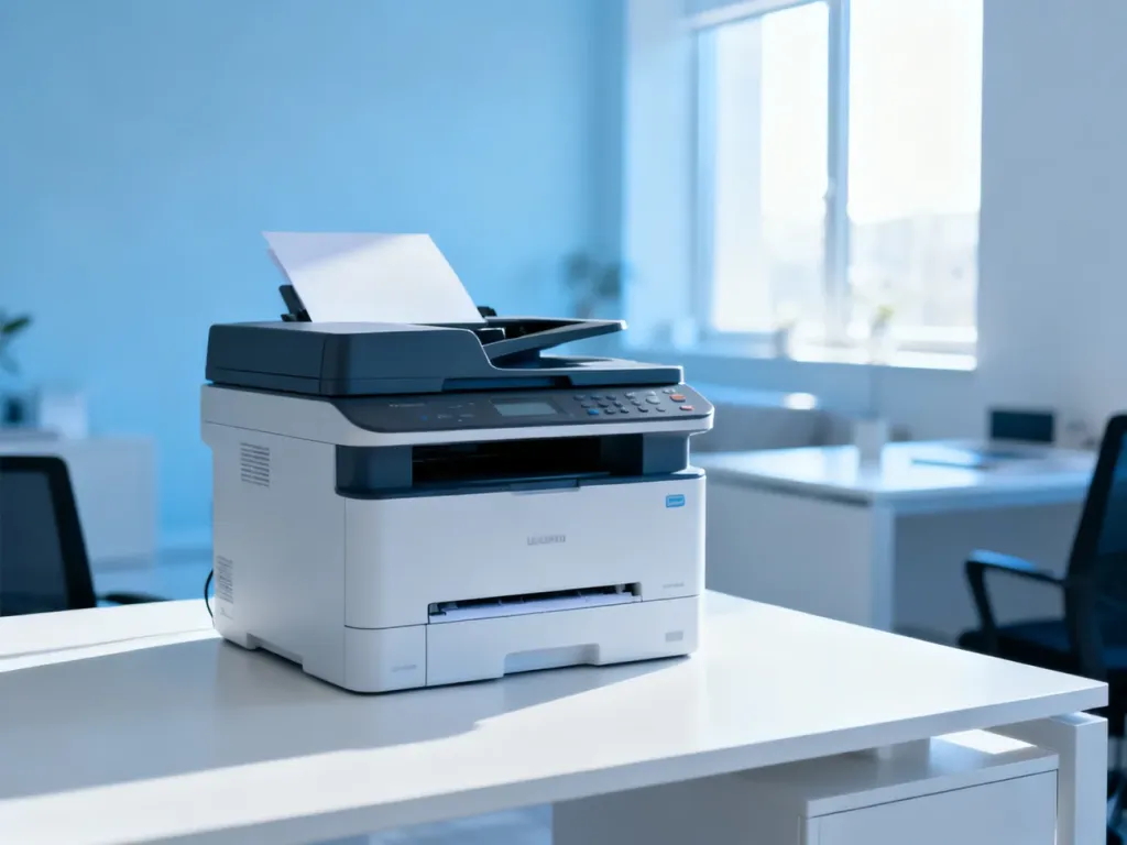 Nowoczesna drukarka laserowa Canon i-SENSYS MF655Cdw na minimalistycznym biurku w jasnym, domowym biurze.