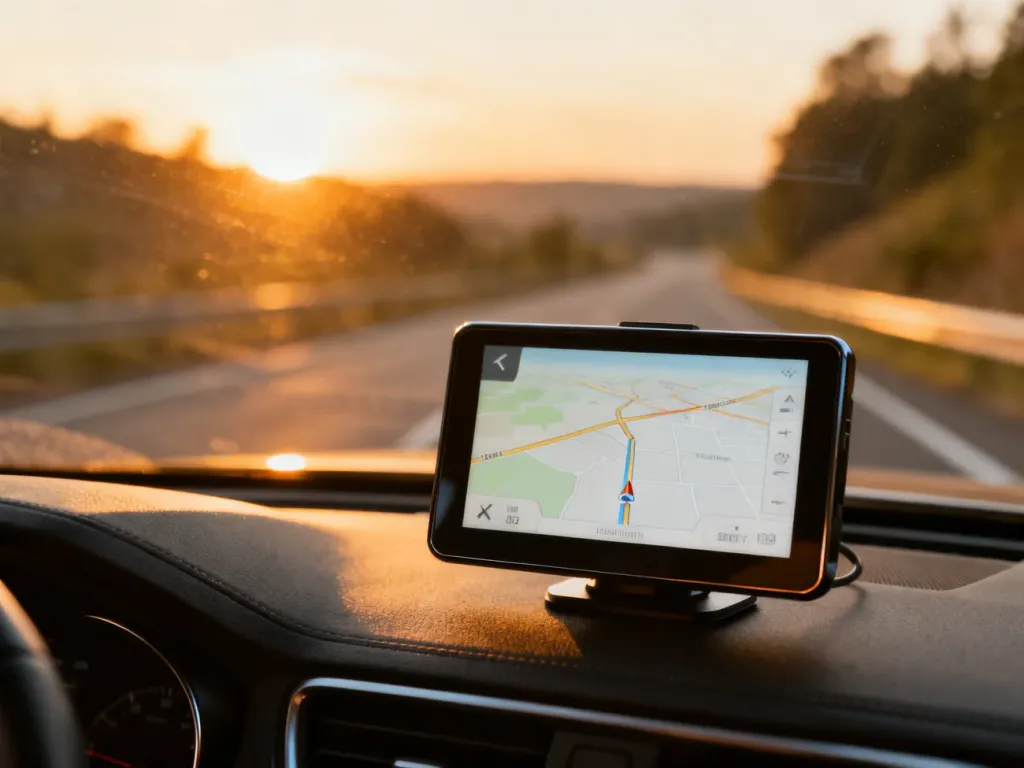 Nowoczesna nawigacja GPS zamontowana na desce rozdzielczej samochodu z widokiem na malowniczą drogę podczas zachodu słońca.