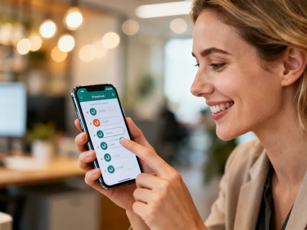 Uśmiechnięta kobieta korzystająca z funkcji ankiety na nowoczesnym smartfonie w jasnym, biurowym wnętrzu.