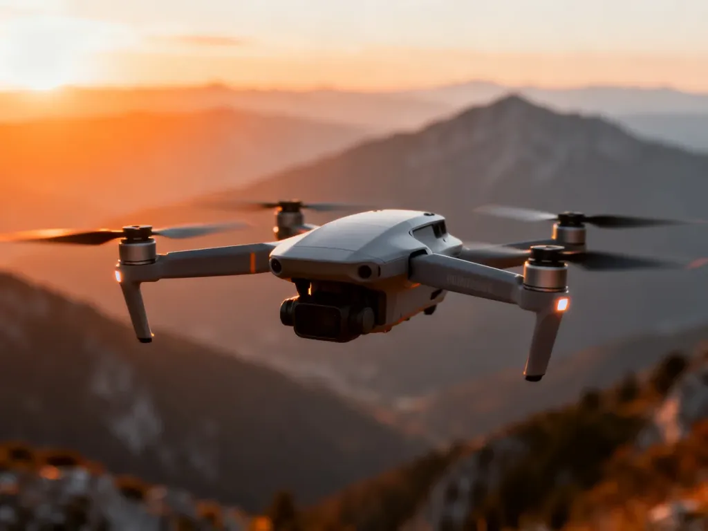 Dron FPV DJI Avata 2 zawieszony w powietrzu na tle malowniczego, górskiego krajobrazu o zachodzie słońca.