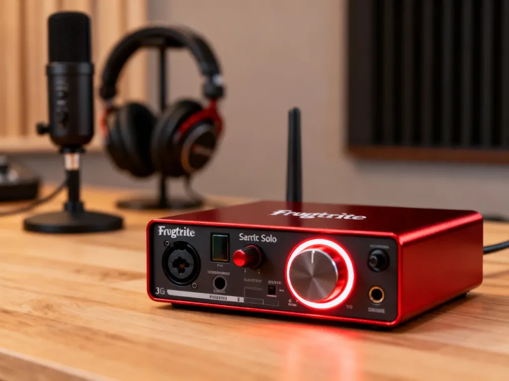 Interfejs audio Focusrite Scarlett Solo 3rd gen na drewnianym biurku w profesjonalnym domowym studiu nagraniowym.