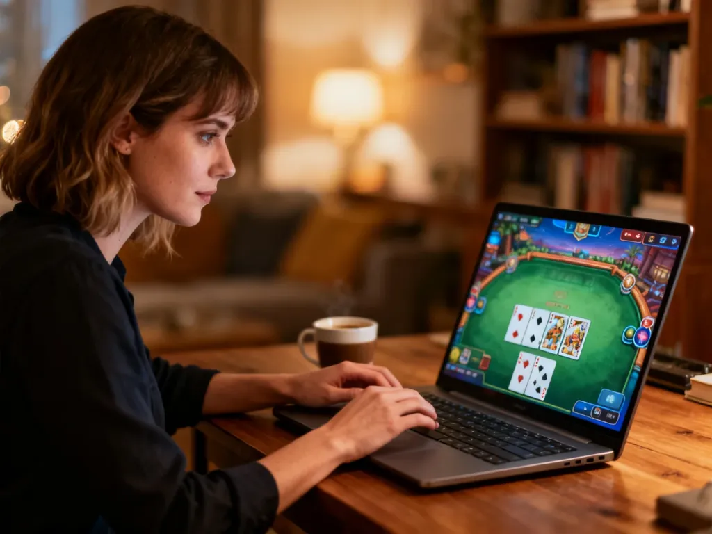 Kobieta skupiona na grze w pasjansa na laptopie w przytulnym, domowym wnętrzu.
